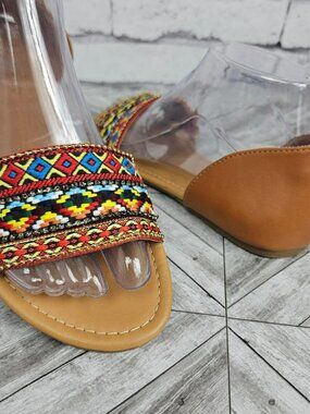 Andiamo Womens 7.5 Upper Textile Tan Sandals Colorful Beaded Strap Beachy Travel